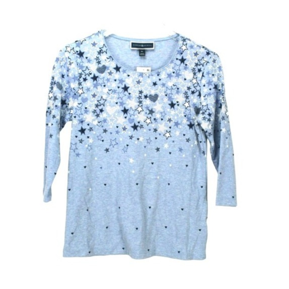 Charter Club T-Shirt 2 Petite Blue‎ White Round Neck 3/4 Sleeve Stars Hearts